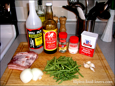 Adobong Sitaw Ingredients: Sitaw, Pork Belly, Soy Sauce, Vinegar, Msg, Whole Black Peppercorns, Ground black pepper, Onions, Garlic