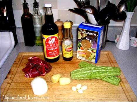 Ampalaya Con Carne Ingredients: Ampalaya, Beef loin, Onion, Ginger, MSG, Cornstarch, Sesame oil, Salt, and Soy sauce