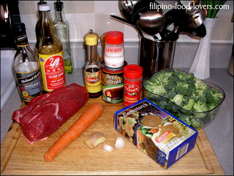 Beef & Broccoli Ingredients: Dry Sherry Cooking Wine, Silver Swan Soy Sauce, Asian Sesame Oil, Aji-no-moto MSG, Beef Broth, Dried Pepper Flakes, Broccoli, Beef Pot Roast, Carrots, Ginger, Garlic, Cornstarch