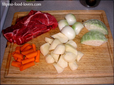 Nilagang Baka Ingredients: carrots, onions, cabbage and potatoes