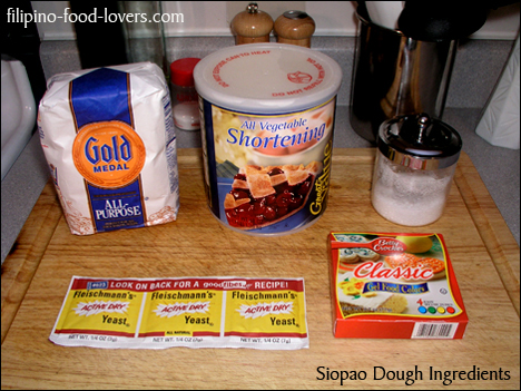 Siopao Dough Ingredients: All-purpose Flour, Shortening (Crisco), Active Yeast, White Suage, Red Food Coloring