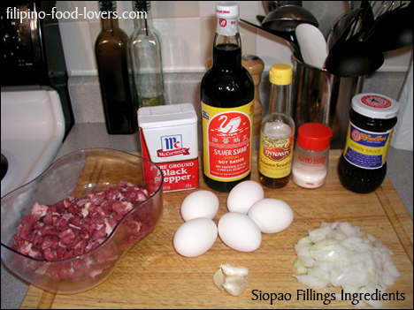 Filliings Ingredients: Pork Butt, Soy Sauce, Hoi Sin Sauce, Oyster Sauce, Soy Sauce, MSG, Sesame Oil, Garlic, Onion, Ground Black Pepper, Hard Boiled Eggs