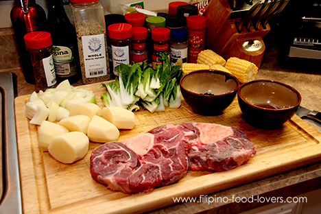 Bulalo Ingredients: Bulalo, Potatoes, Patis, Petchay, Corn and Onions